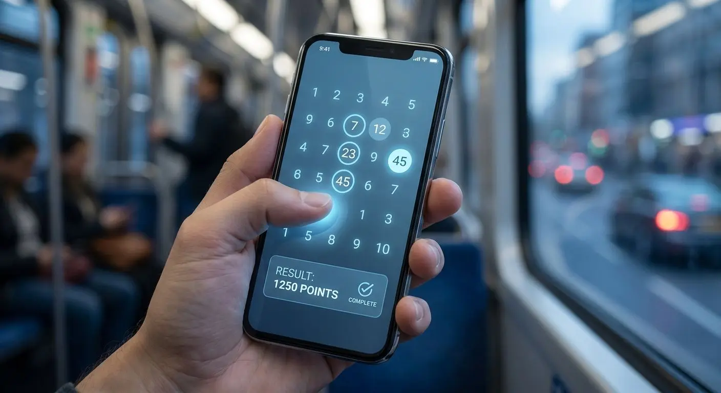 Mobilní telefon se zobrazenou číselnou hrou a výběrem čísel