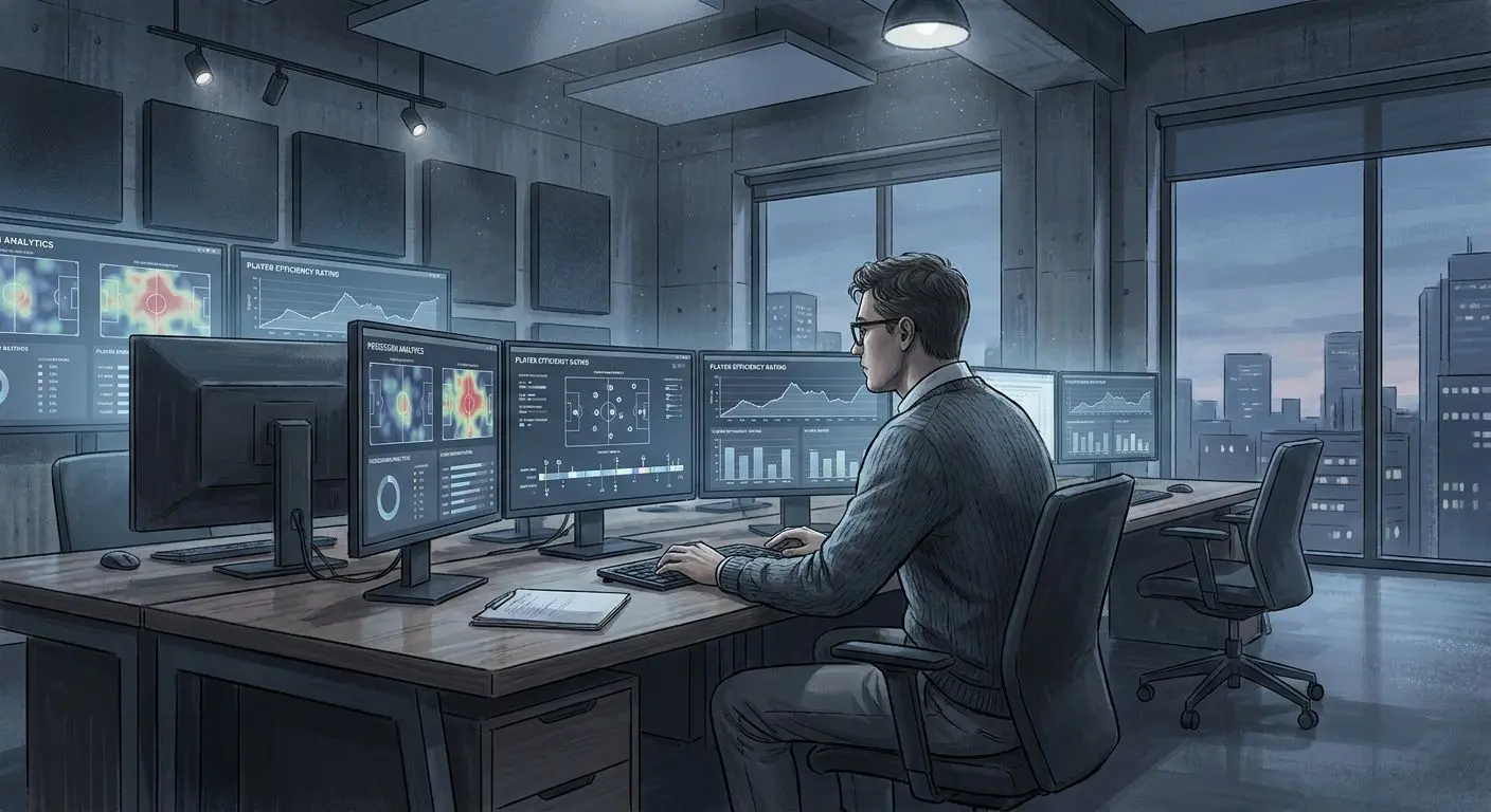 Autor analyzuje live výsledky a sportovní data Ilustrační redaktor analyzující sportovní výsledky a statistiky u počítače