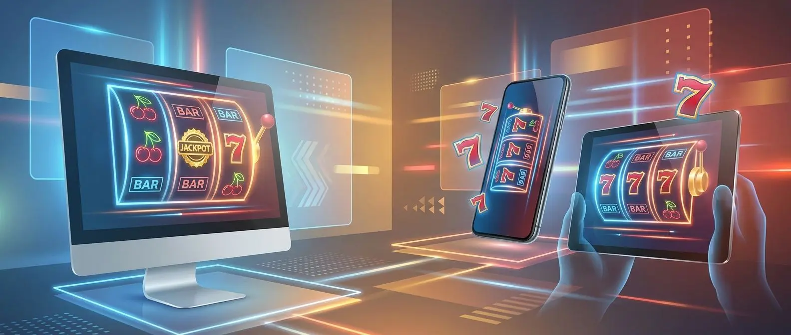 Banner se symboly slotů a mobilním i desktopovým zobrazením