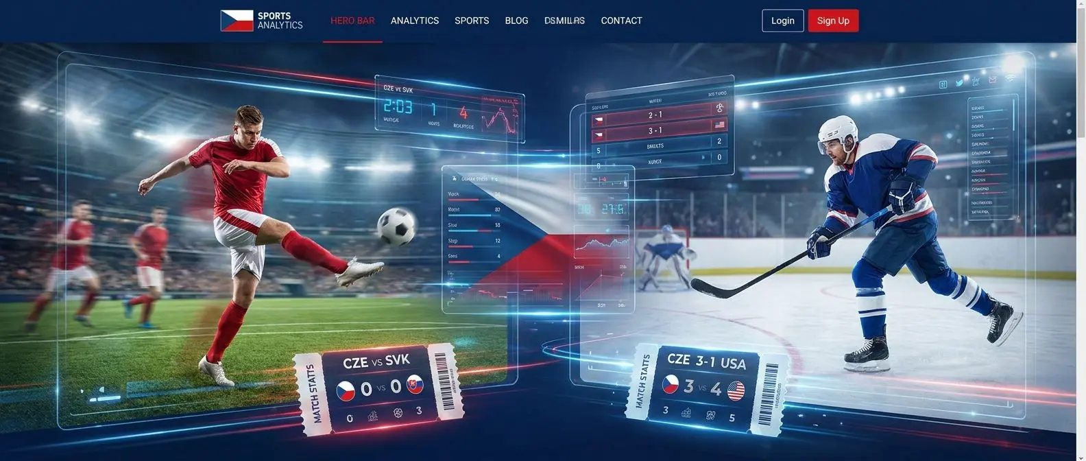 Vizuál sportovní analytiky s kurzovým tiktem a live fotbalem a hokejem