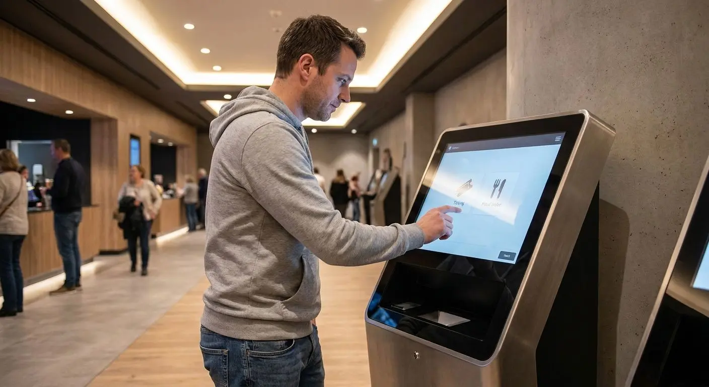 Hráč u samoobslužného terminálu v moderním interiéru