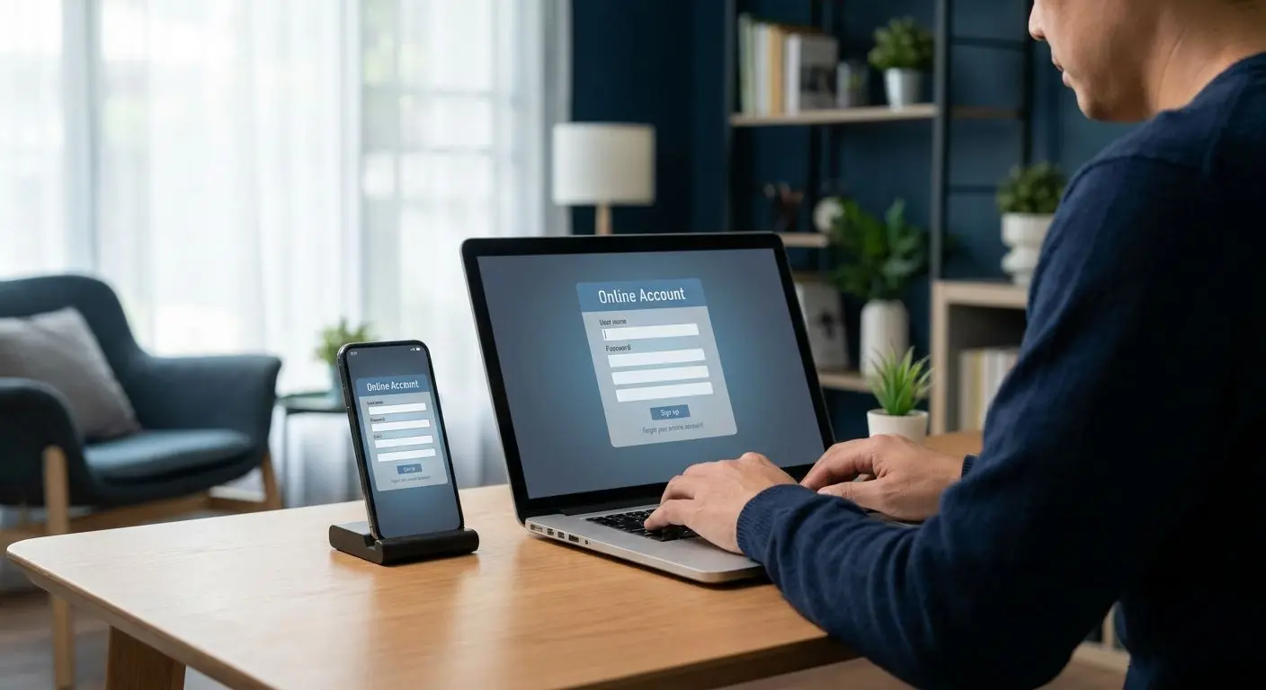 Uživatel dokončuje online registraci na notebooku a mobilu
