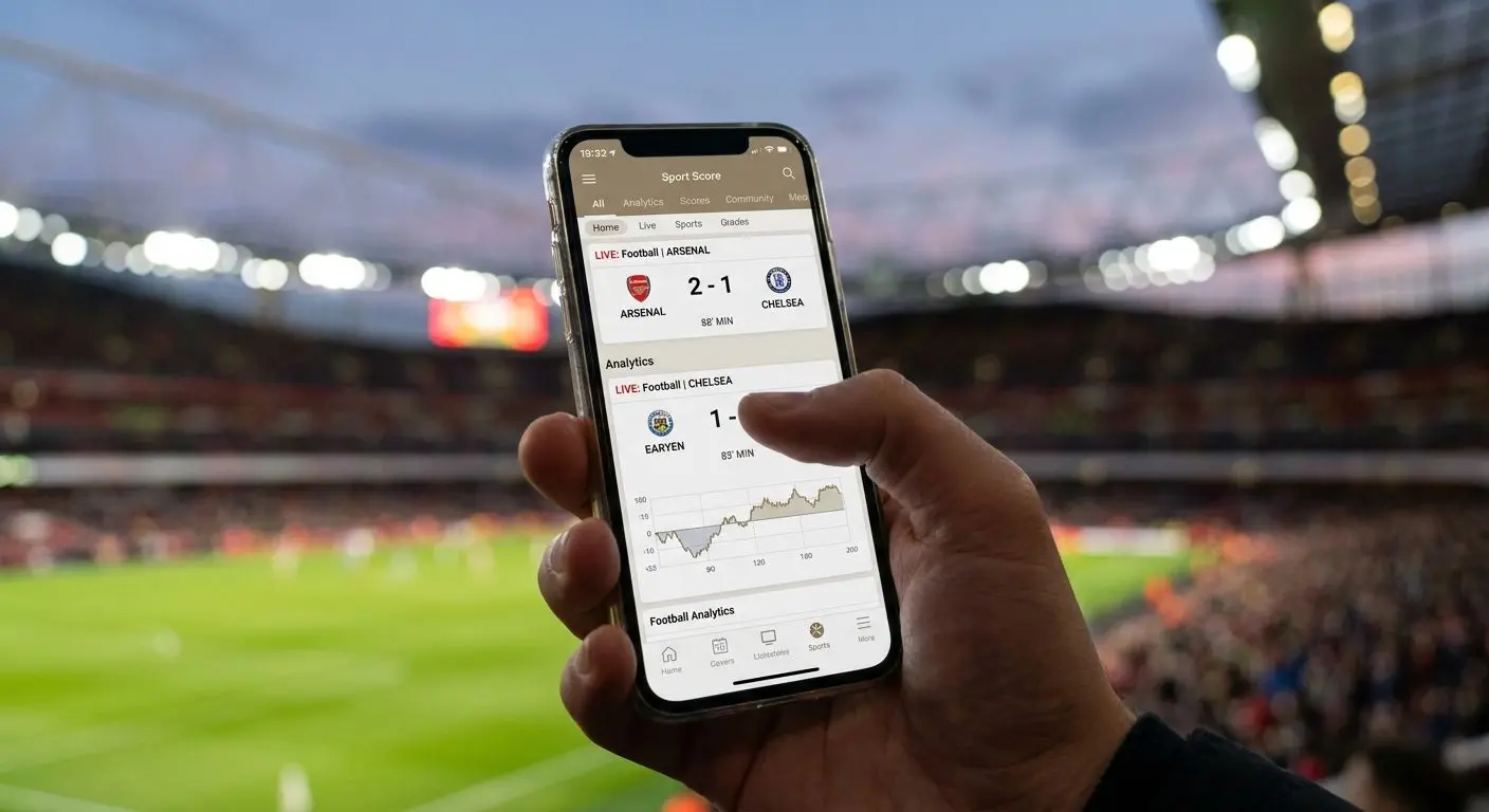 Mobil se sportovními výsledky a live skóre v ruce uživatele
