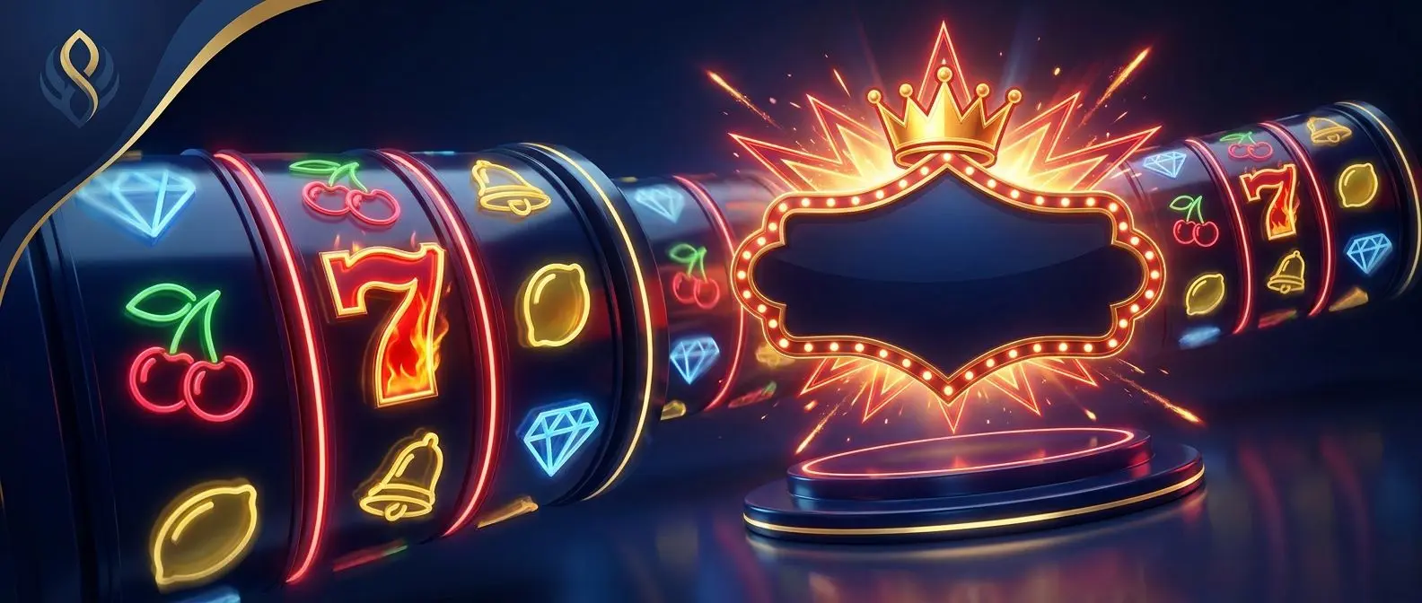 Hero banner se slot válci, symbolem 7 a ovocnými ikonami v moderním stylu